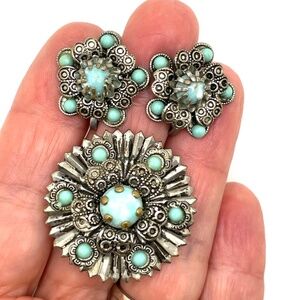 Vintage Unsigned Silver Tone Faux Turquoise Pin Brooch Screw Earrings Set